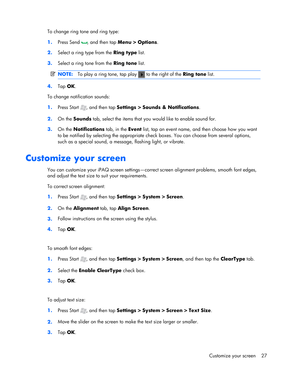 Customize your screen | HP iPAQ Glisten-AT&T User Manual | Page 39 / 185