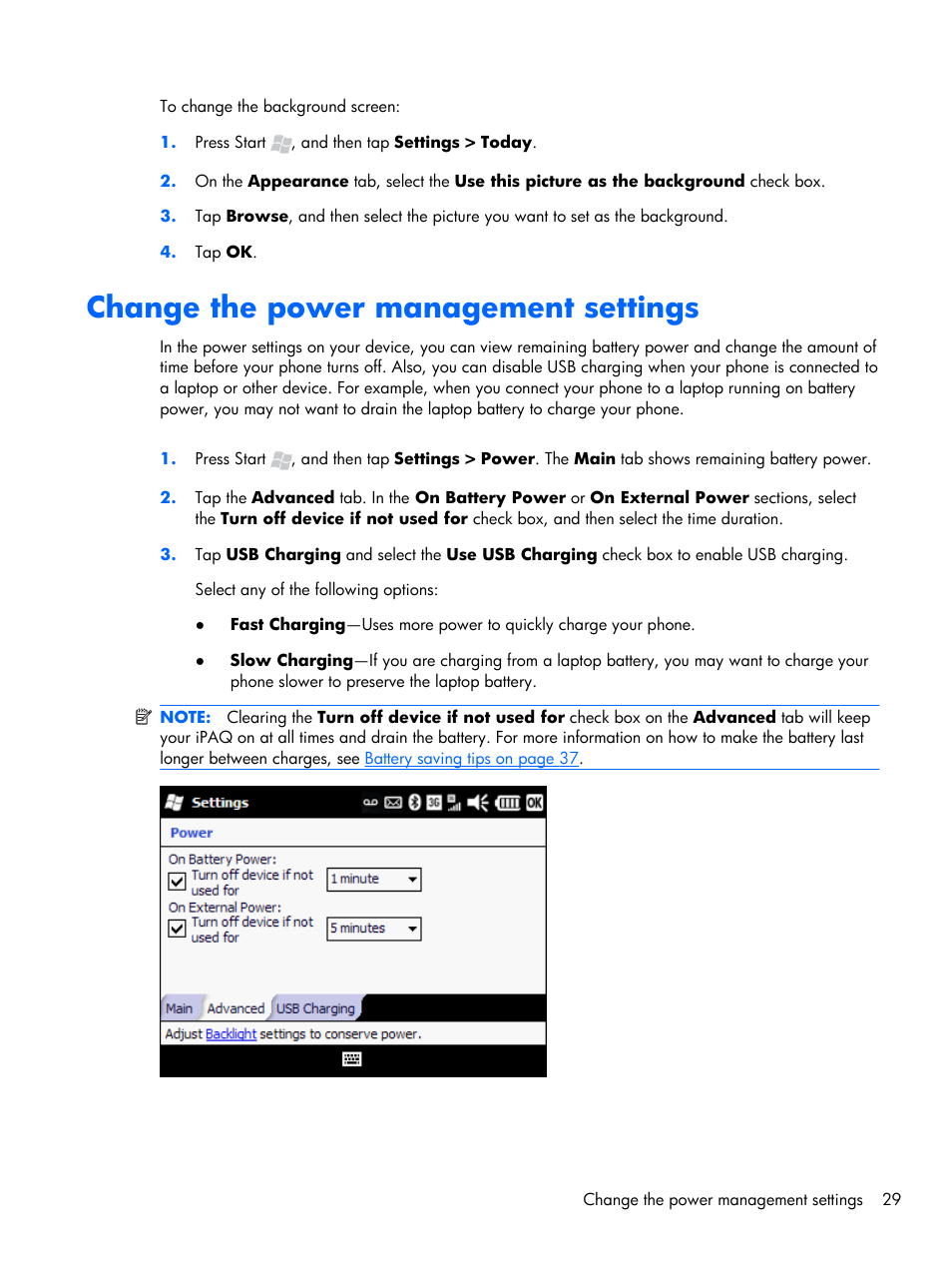 Change the power management settings | HP iPAQ Glisten-AT&T User Manual | Page 41 / 185