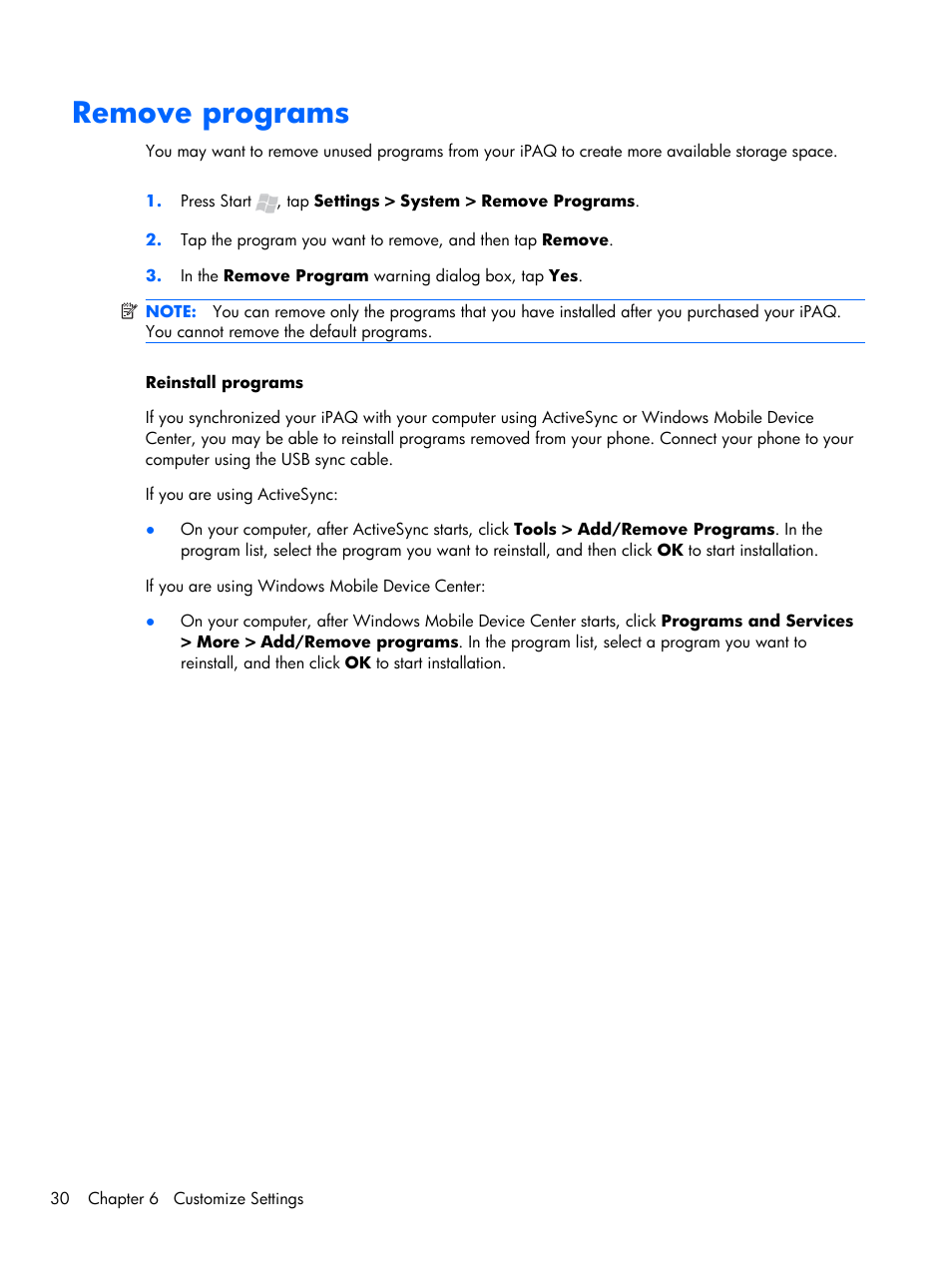 Remove programs | HP iPAQ Glisten-AT&T User Manual | Page 42 / 185