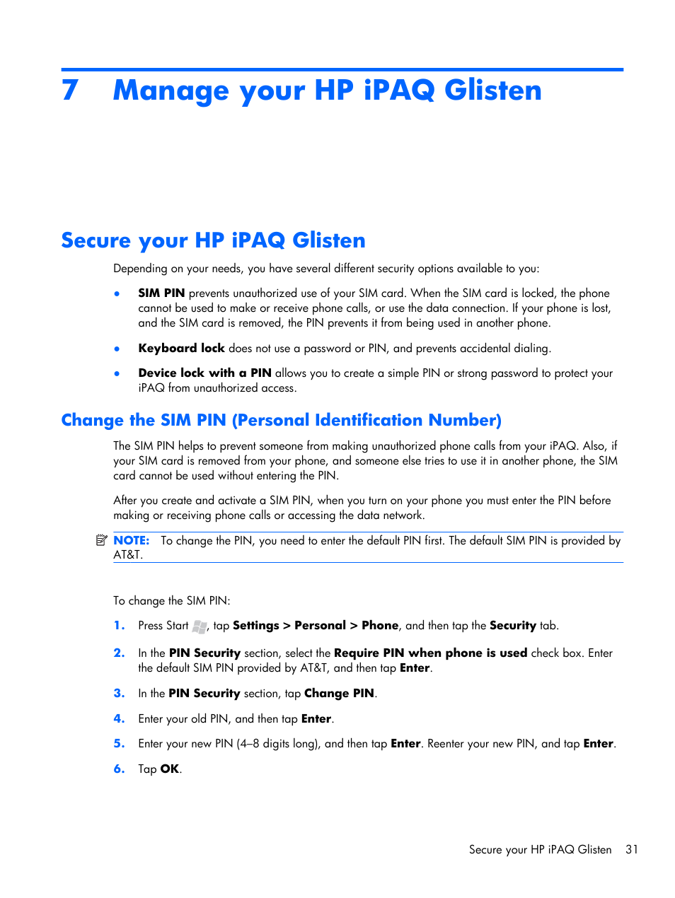 Manage your hp ipaq glisten, Secure your hp ipaq glisten, 7 manage your hp ipaq glisten | HP iPAQ Glisten-AT&T User Manual | Page 43 / 185