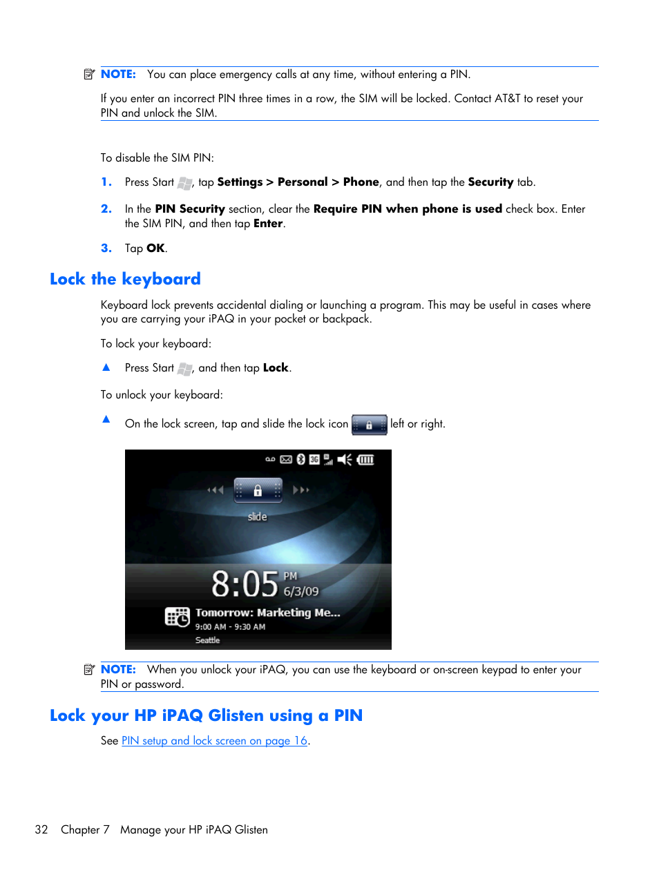 Lock the keyboard, Lock your hp ipaq glisten using a pin | HP iPAQ Glisten-AT&T User Manual | Page 44 / 185