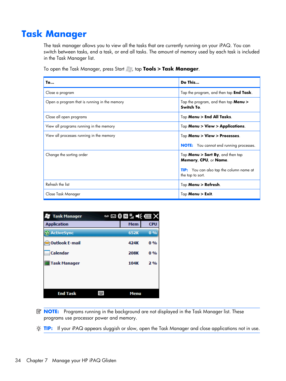 Task manager | HP iPAQ Glisten-AT&T User Manual | Page 46 / 185