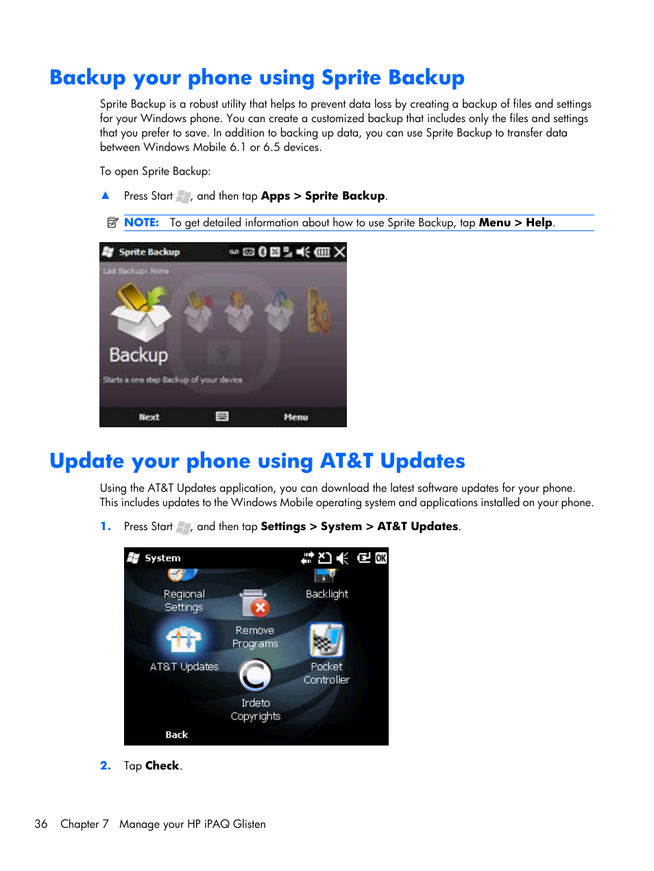 Backup your phone using sprite backup, Update your phone using at&t updates | HP iPAQ Glisten-AT&T User Manual | Page 48 / 185