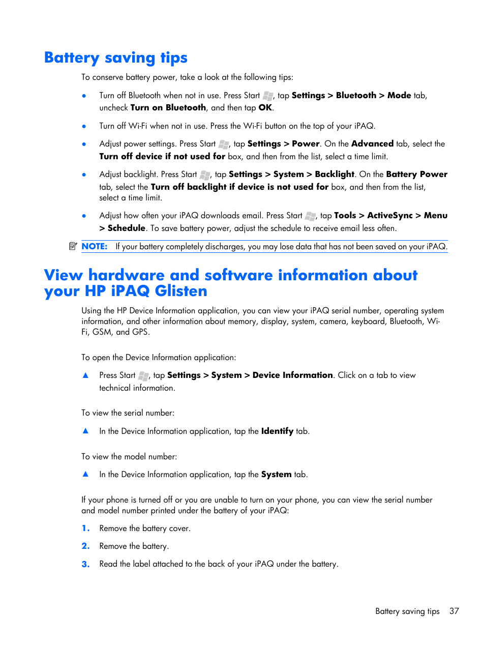 Battery saving tips | HP iPAQ Glisten-AT&T User Manual | Page 49 / 185