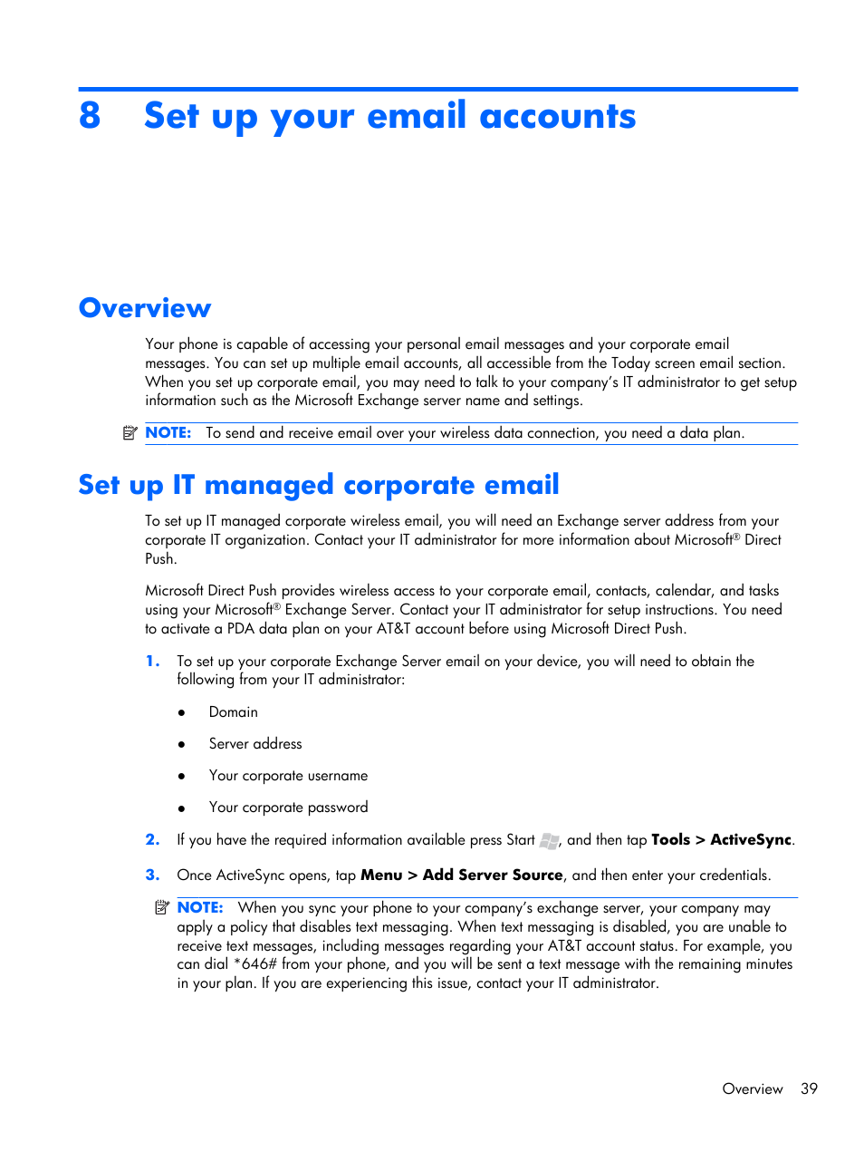 Set up your email accounts, Overview, Set up it managed corporate email | 8 set up your email accounts, Overview set up it managed corporate email | HP iPAQ Glisten-AT&T User Manual | Page 51 / 185