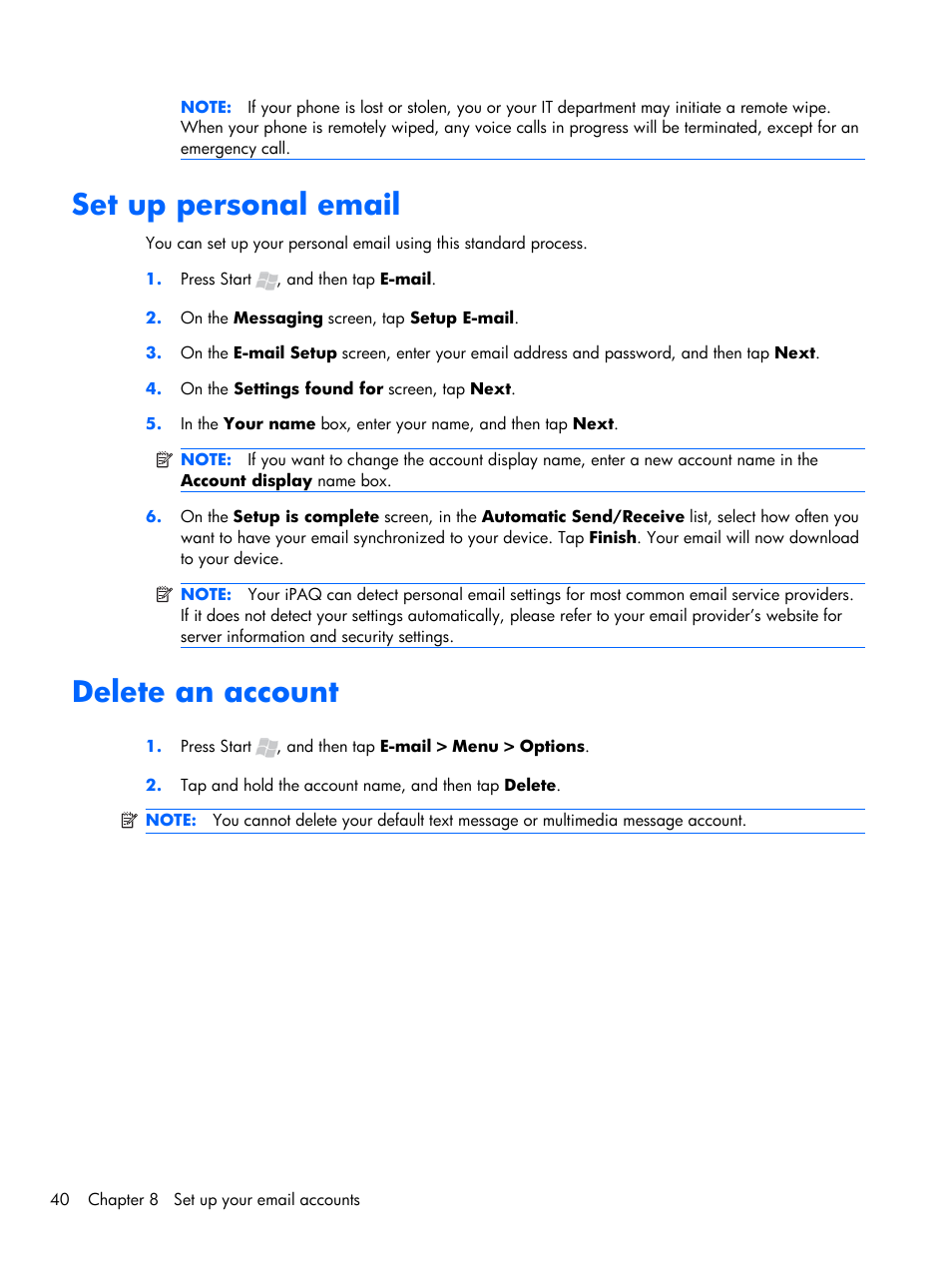 Set up personal email, Delete an account, Set up personal email delete an account | HP iPAQ Glisten-AT&T User Manual | Page 52 / 185
