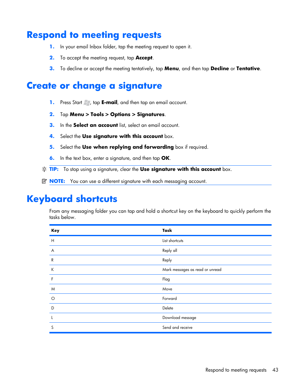 Respond to meeting requests, Create or change a signature, Keyboard shortcuts | HP iPAQ Glisten-AT&T User Manual | Page 55 / 185