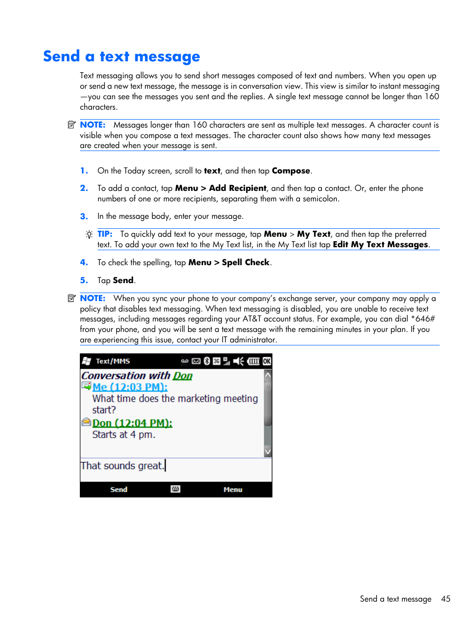 Send a text message | HP iPAQ Glisten-AT&T User Manual | Page 57 / 185