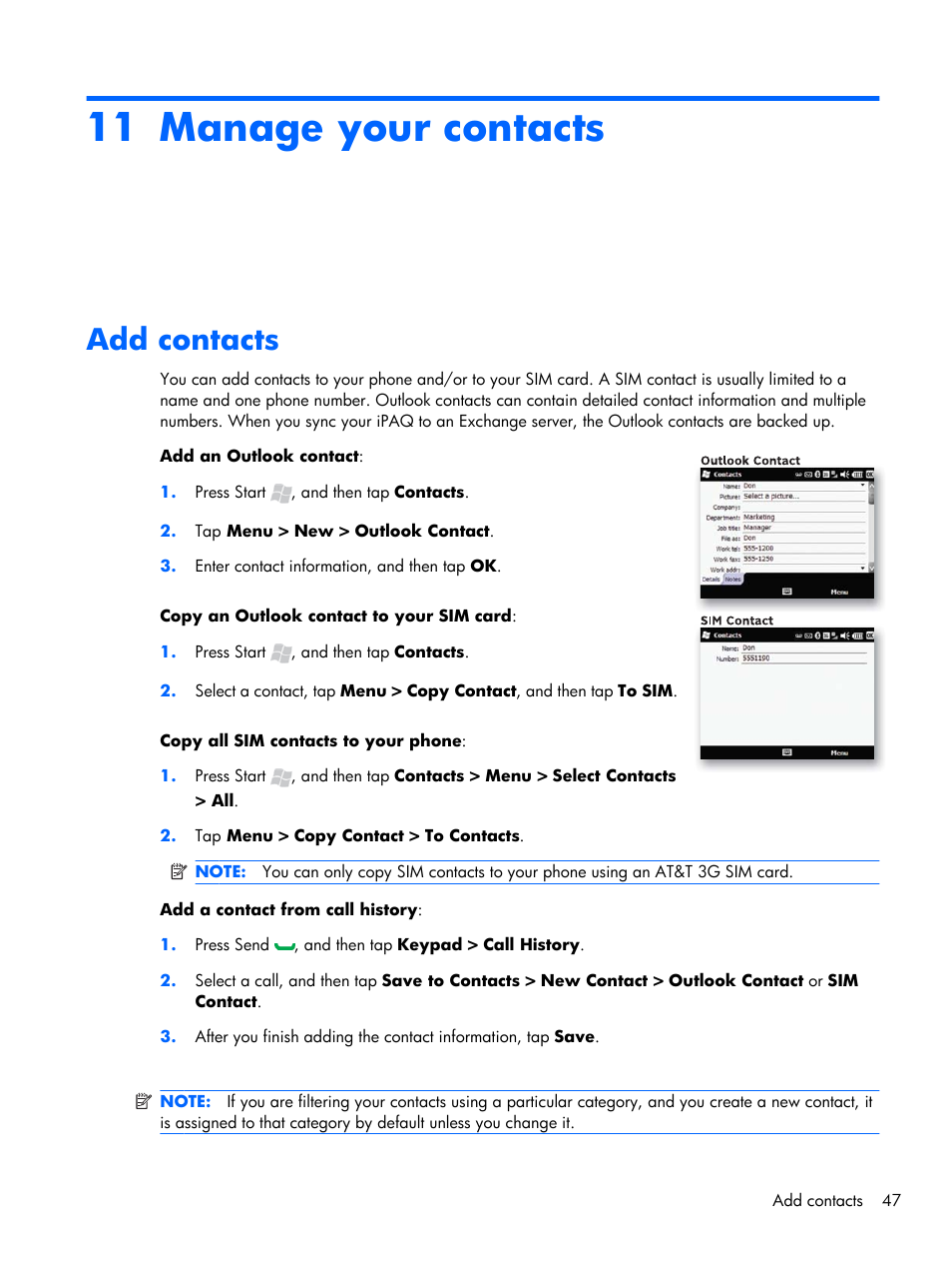 Manage your contacts, Add contacts, 11 manage your contacts | HP iPAQ Glisten-AT&T User Manual | Page 59 / 185