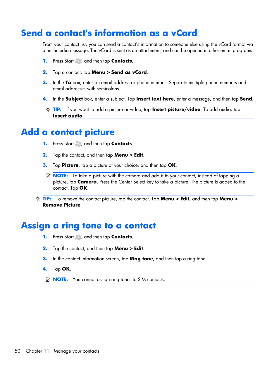 Send a contact's information as a vcard, Add a contact picture, Assign a ring tone to a contact | HP iPAQ Glisten-AT&T User Manual | Page 62 / 185