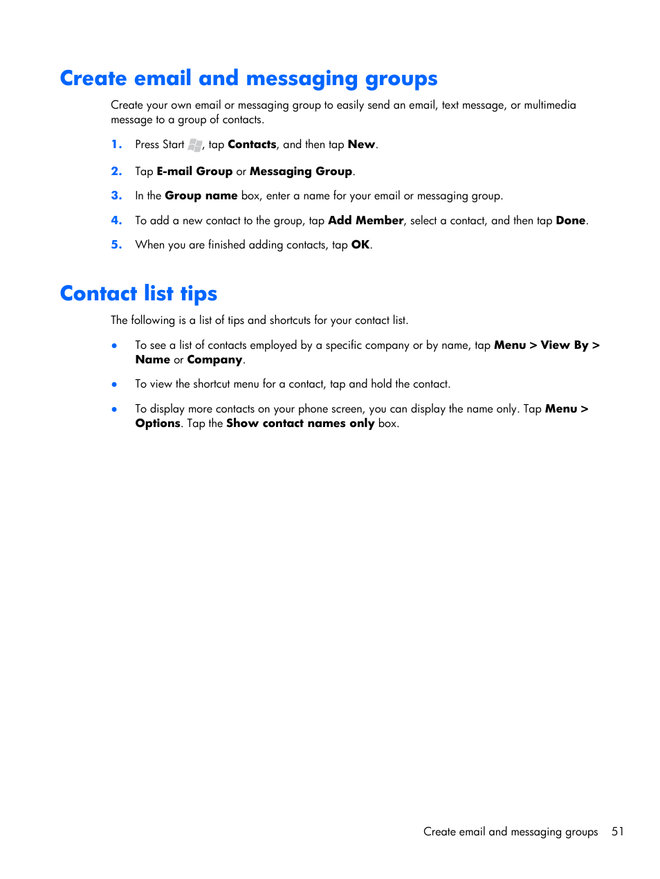 Create email and messaging groups, Contact list tips | HP iPAQ Glisten-AT&T User Manual | Page 63 / 185