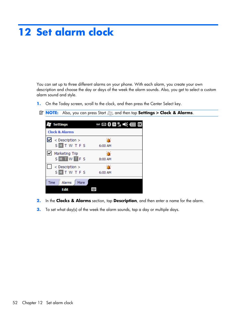 Set alarm clock, 12 set alarm clock | HP iPAQ Glisten-AT&T User Manual | Page 64 / 185