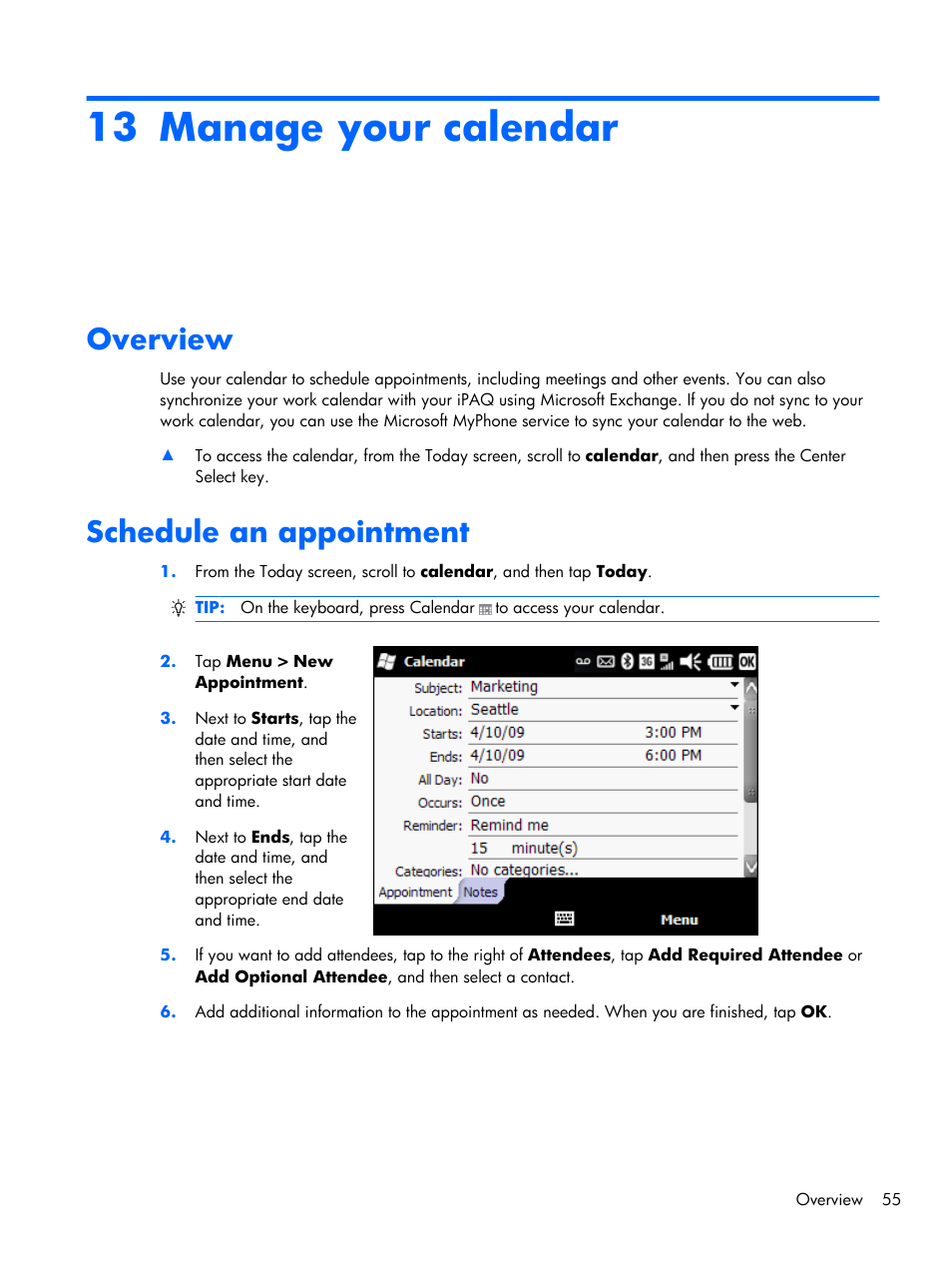 Manage your calendar, Overview, Schedule an appointment | 13 manage your calendar, Overview schedule an appointment | HP iPAQ Glisten-AT&T User Manual | Page 67 / 185