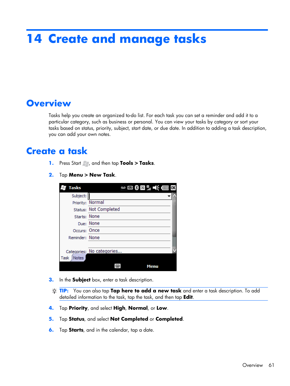 Create and manage tasks, Overview, Create a task | 14 create and manage tasks, Overview create a task | HP iPAQ Glisten-AT&T User Manual | Page 73 / 185
