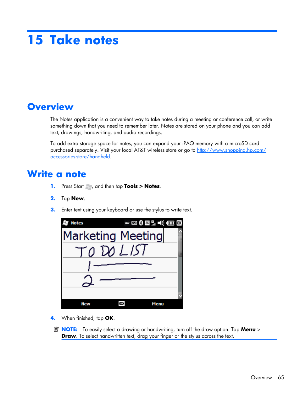 Take notes, Overview, Write a note | 15 take notes, Overview write a note | HP iPAQ Glisten-AT&T User Manual | Page 77 / 185