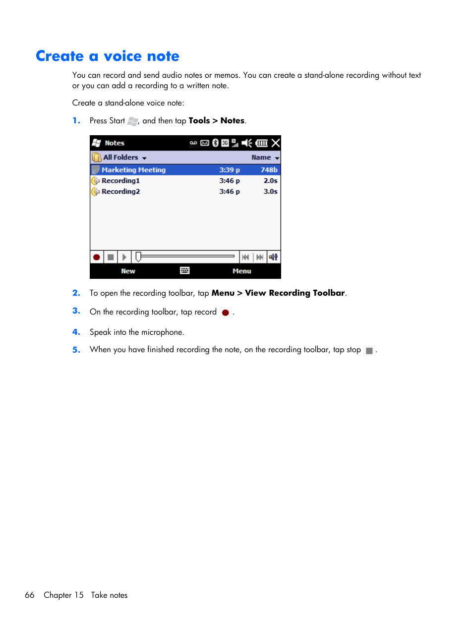 Create a voice note | HP iPAQ Glisten-AT&T User Manual | Page 78 / 185