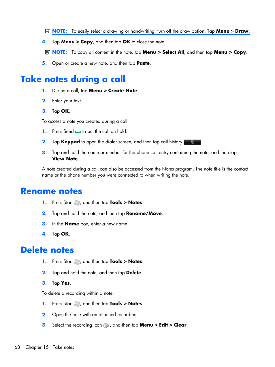 Take notes during a call, Rename notes, Delete notes | Take notes during a call rename notes delete notes | HP iPAQ Glisten-AT&T User Manual | Page 80 / 185