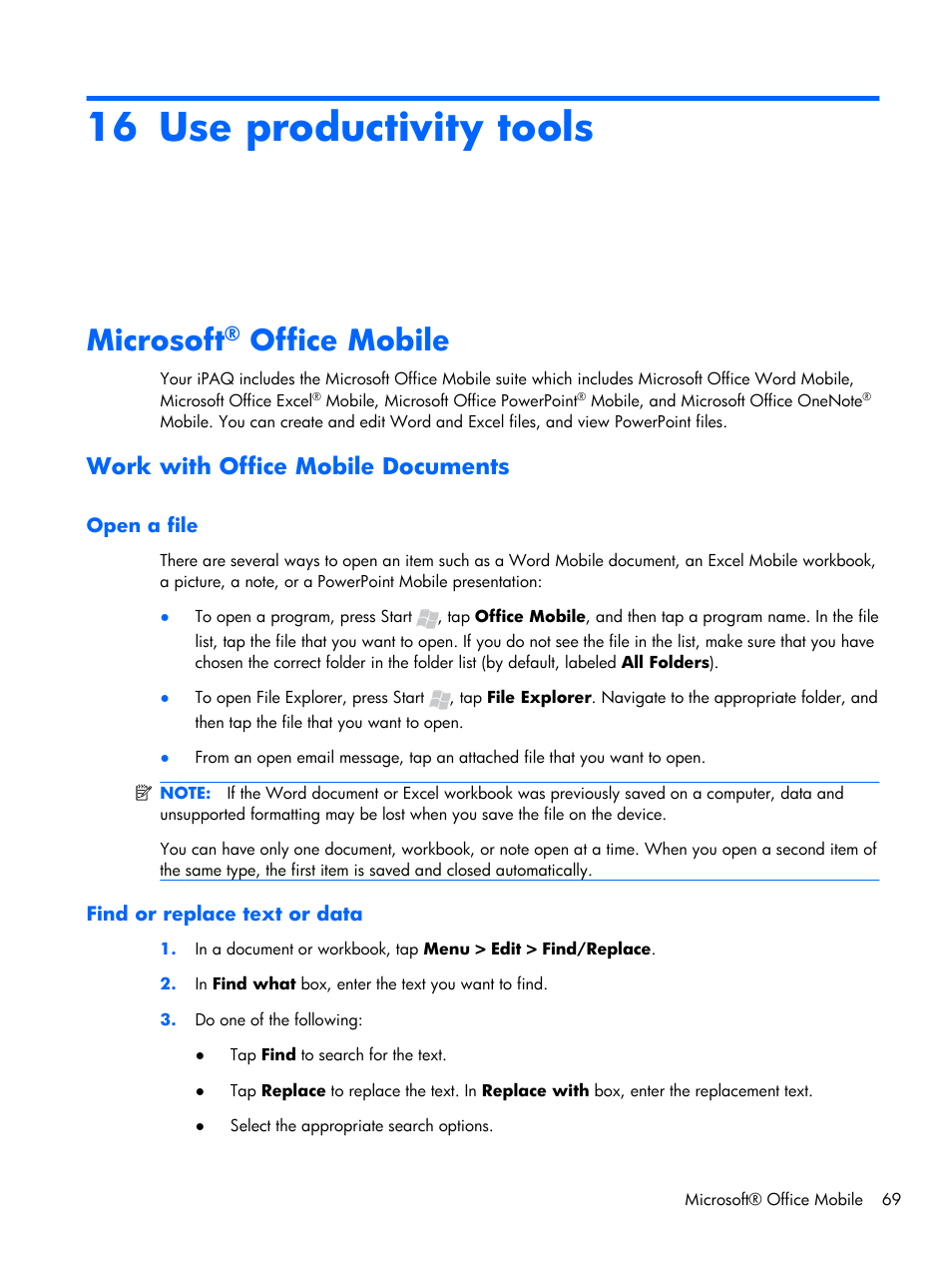 Use productivity tools, Microsoft® office mobile, Work with office mobile documents | Open a file, Find or replace text or data, 16 use productivity tools, Open a file find or replace text or data, Microsoft, Office mobile | HP iPAQ Glisten-AT&T User Manual | Page 81 / 185