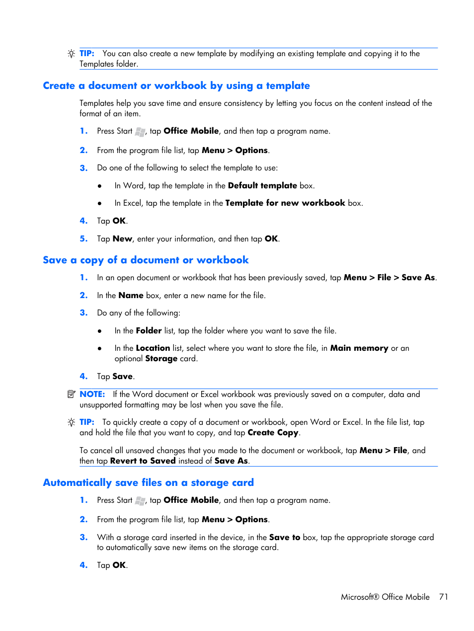 Create a document or workbook by using a template, Save a copy of a document or workbook, Automatically save files on a storage card | HP iPAQ Glisten-AT&T User Manual | Page 83 / 185
