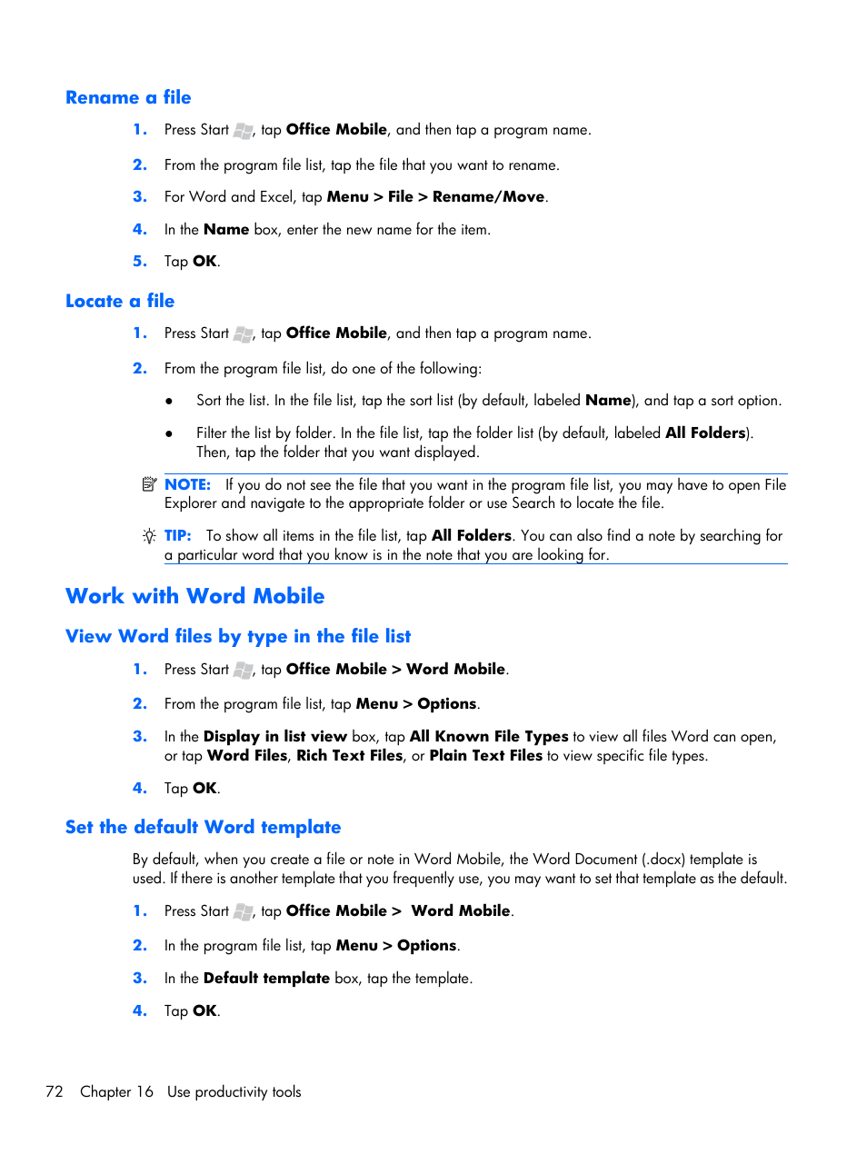 Rename a file, Locate a file, Work with word mobile | View word files by type in the file list, Set the default word template, Rename a file locate a file | HP iPAQ Glisten-AT&T User Manual | Page 84 / 185