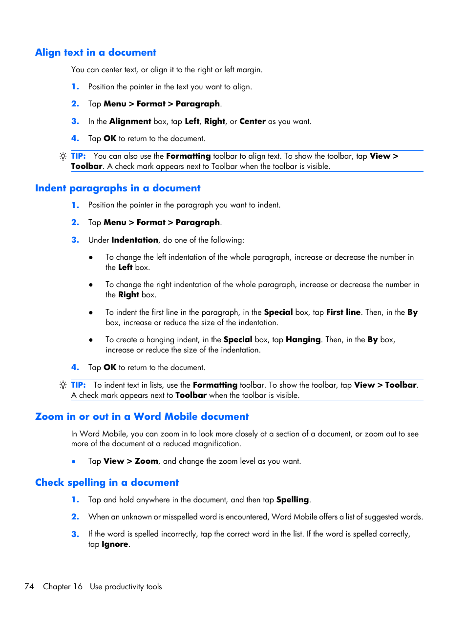 Align text in a document, Indent paragraphs in a document, Zoom in or out in a word mobile document | Check spelling in a document | HP iPAQ Glisten-AT&T User Manual | Page 86 / 185