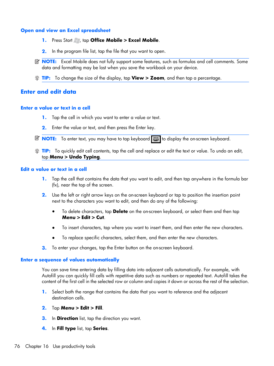 Open and view an excel spreadsheet, Enter and edit data, Enter a value or text in a cell | Edit a value or text in a cell, Enter a sequence of values automatically | HP iPAQ Glisten-AT&T User Manual | Page 88 / 185