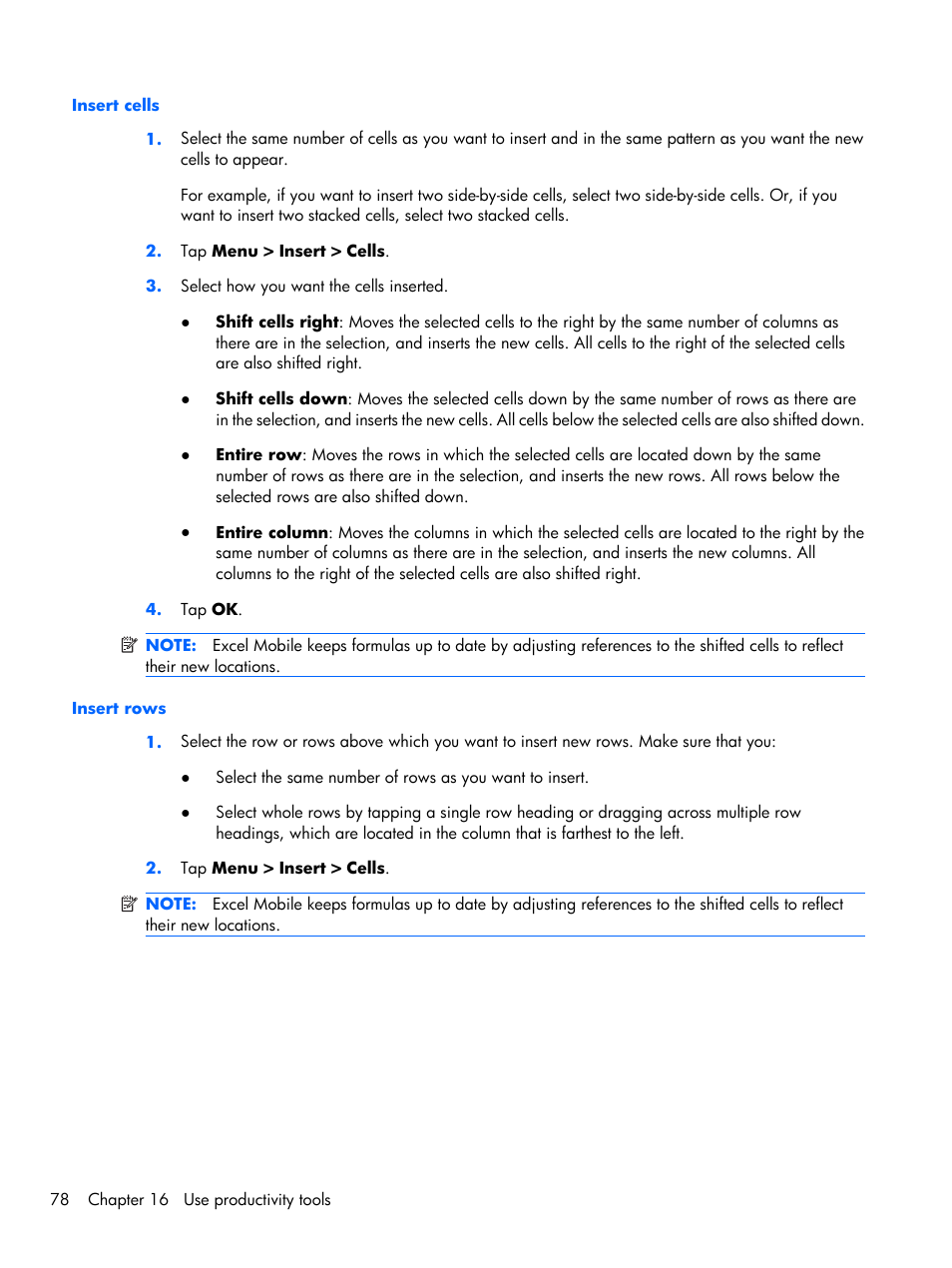 Insert cells, Insert rows, Insert cells insert rows | HP iPAQ Glisten-AT&T User Manual | Page 90 / 185