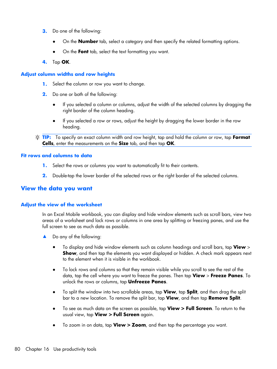 Adjust column widths and row heights, Fit rows and columns to data, View the data you want | Adjust the view of the worksheet | HP iPAQ Glisten-AT&T User Manual | Page 92 / 185