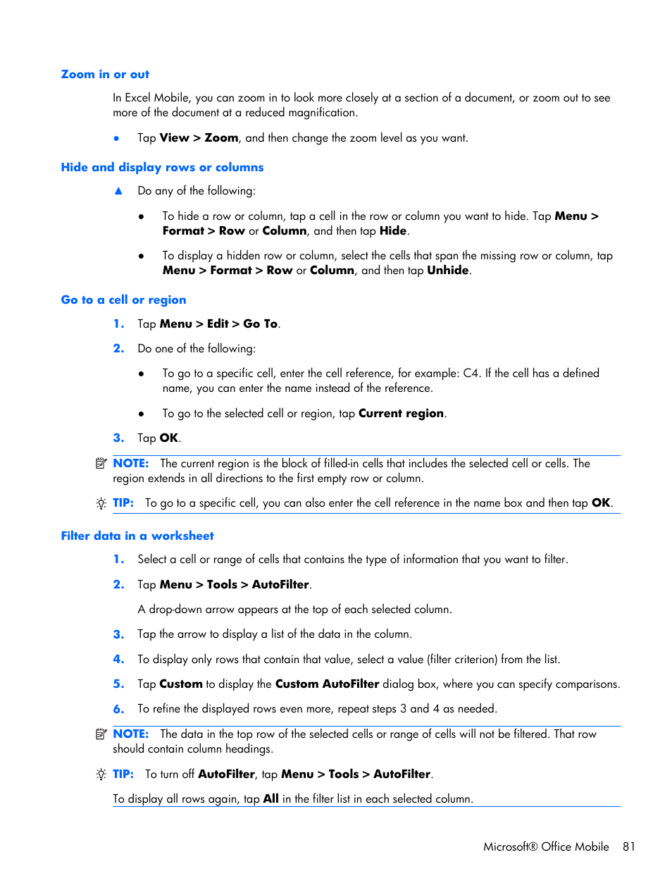 Zoom in or out, Hide and display rows or columns, Go to a cell or region | Filter data in a worksheet | HP iPAQ Glisten-AT&T User Manual | Page 93 / 185