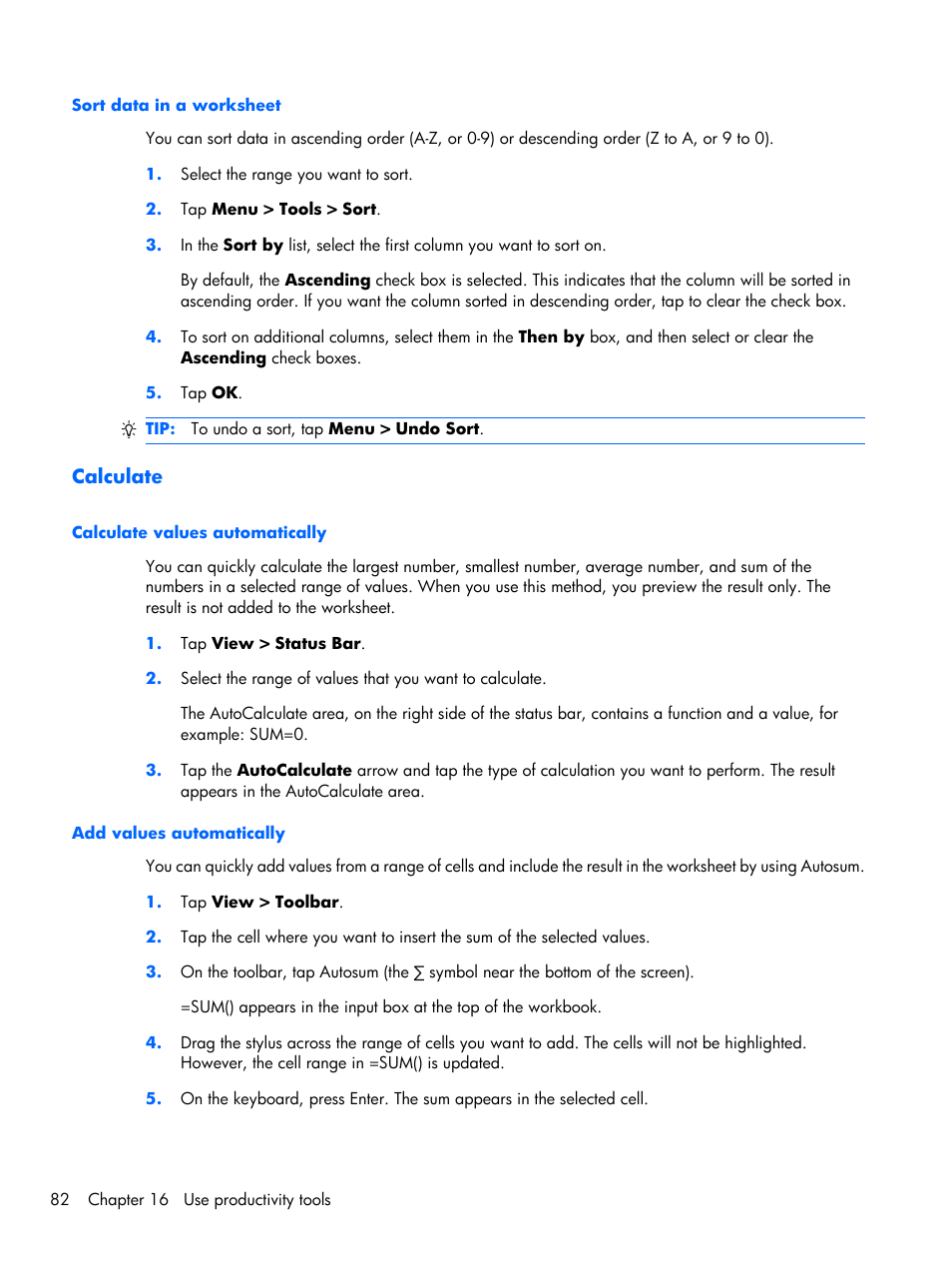 Sort data in a worksheet, Calculate, Calculate values automatically | Add values automatically | HP iPAQ Glisten-AT&T User Manual | Page 94 / 185