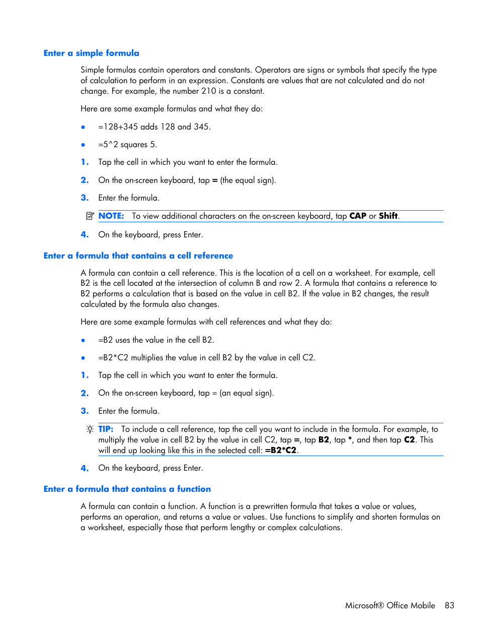 Enter a simple formula, Enter a formula that contains a cell reference, Enter a formula that contains a function | HP iPAQ Glisten-AT&T User Manual | Page 95 / 185