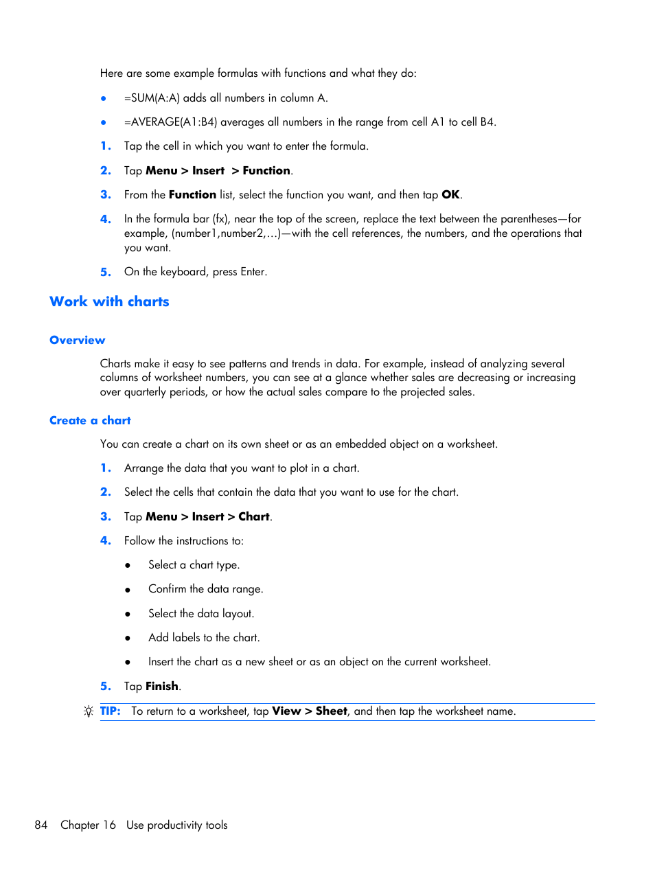 Work with charts, Overview, Create a chart | Overview create a chart | HP iPAQ Glisten-AT&T User Manual | Page 96 / 185