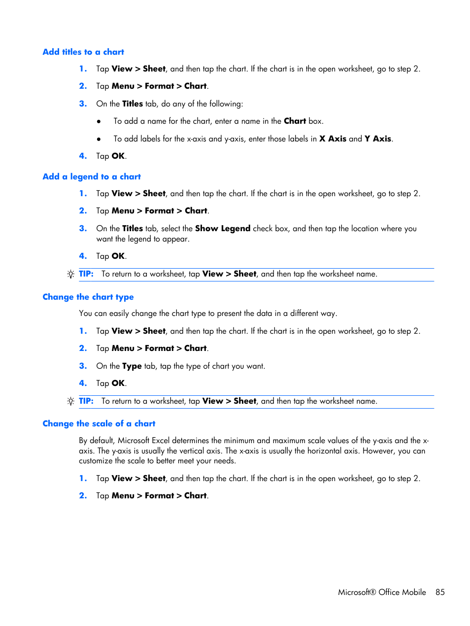 Add titles to a chart, Add a legend to a chart, Change the chart type | Change the scale of a chart | HP iPAQ Glisten-AT&T User Manual | Page 97 / 185