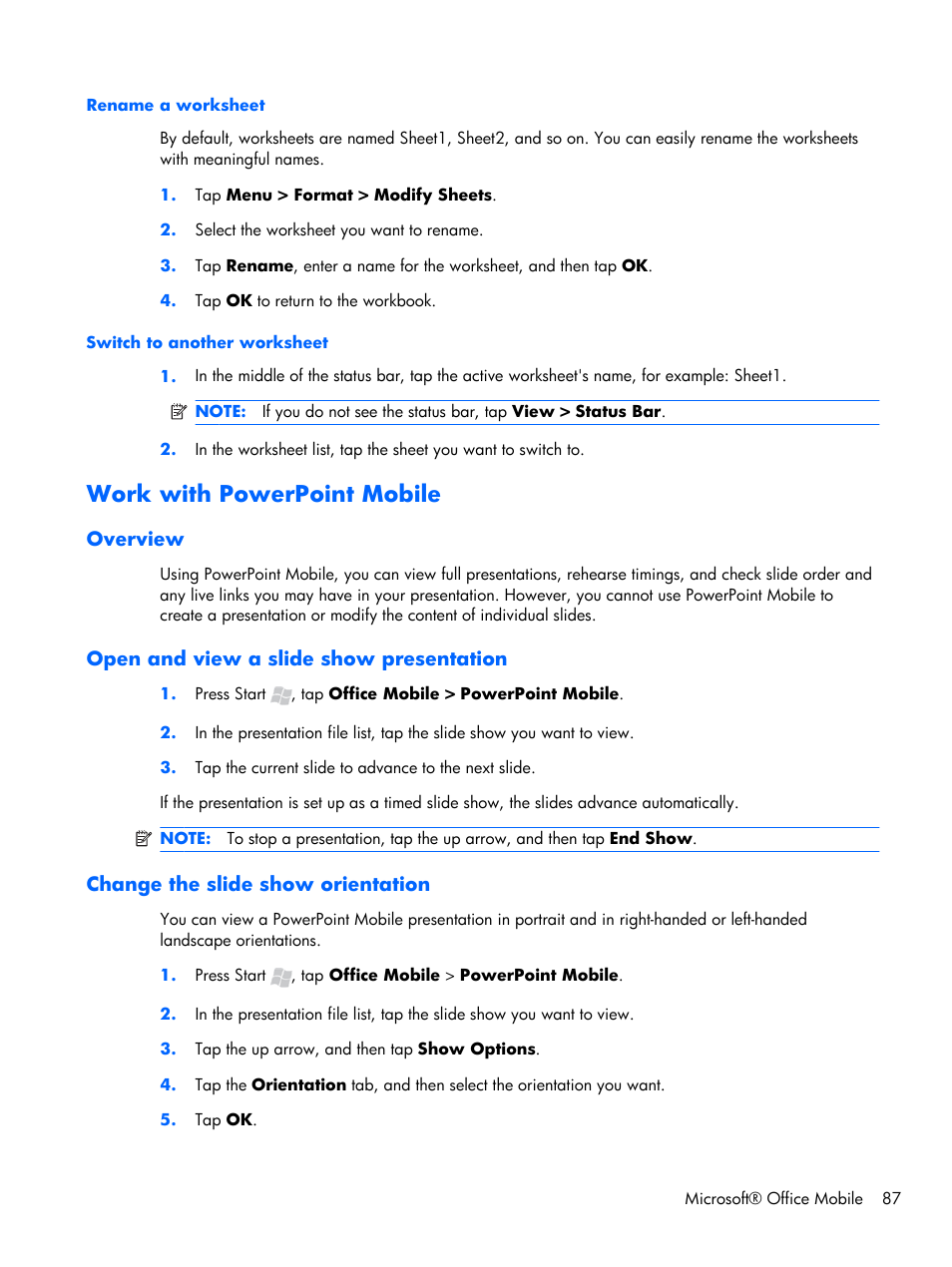 Rename a worksheet, Switch to another worksheet, Work with powerpoint mobile | Overview, Open and view a slide show presentation, Change the slide show orientation, Rename a worksheet switch to another worksheet | HP iPAQ Glisten-AT&T User Manual | Page 99 / 185