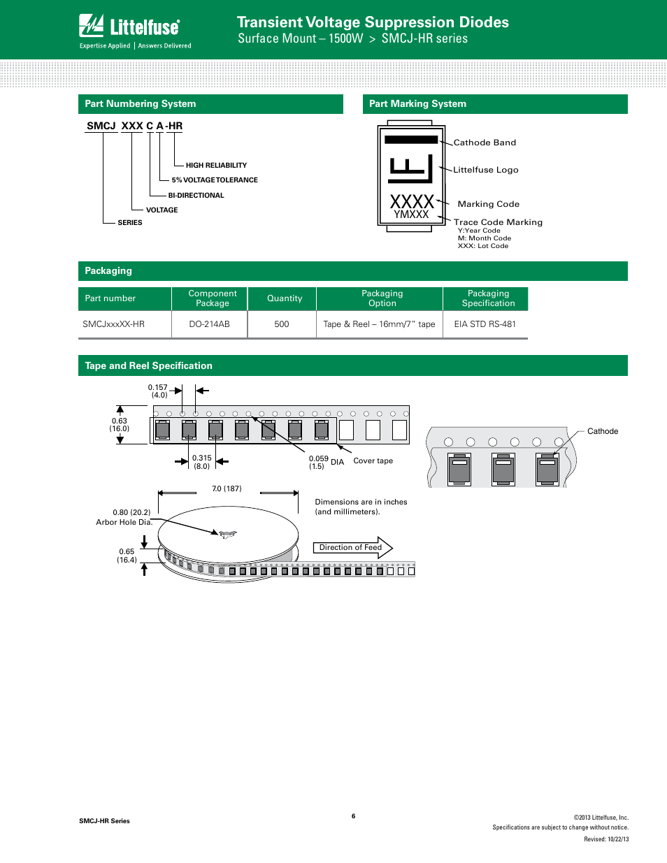 Transient voltage suppression diodes, Tvs diode arrays, Surface mount – 1500w > smcj-hr series | Family of products) | Littelfuse SMCJ-HR Series User Manual | Page 6 / 6