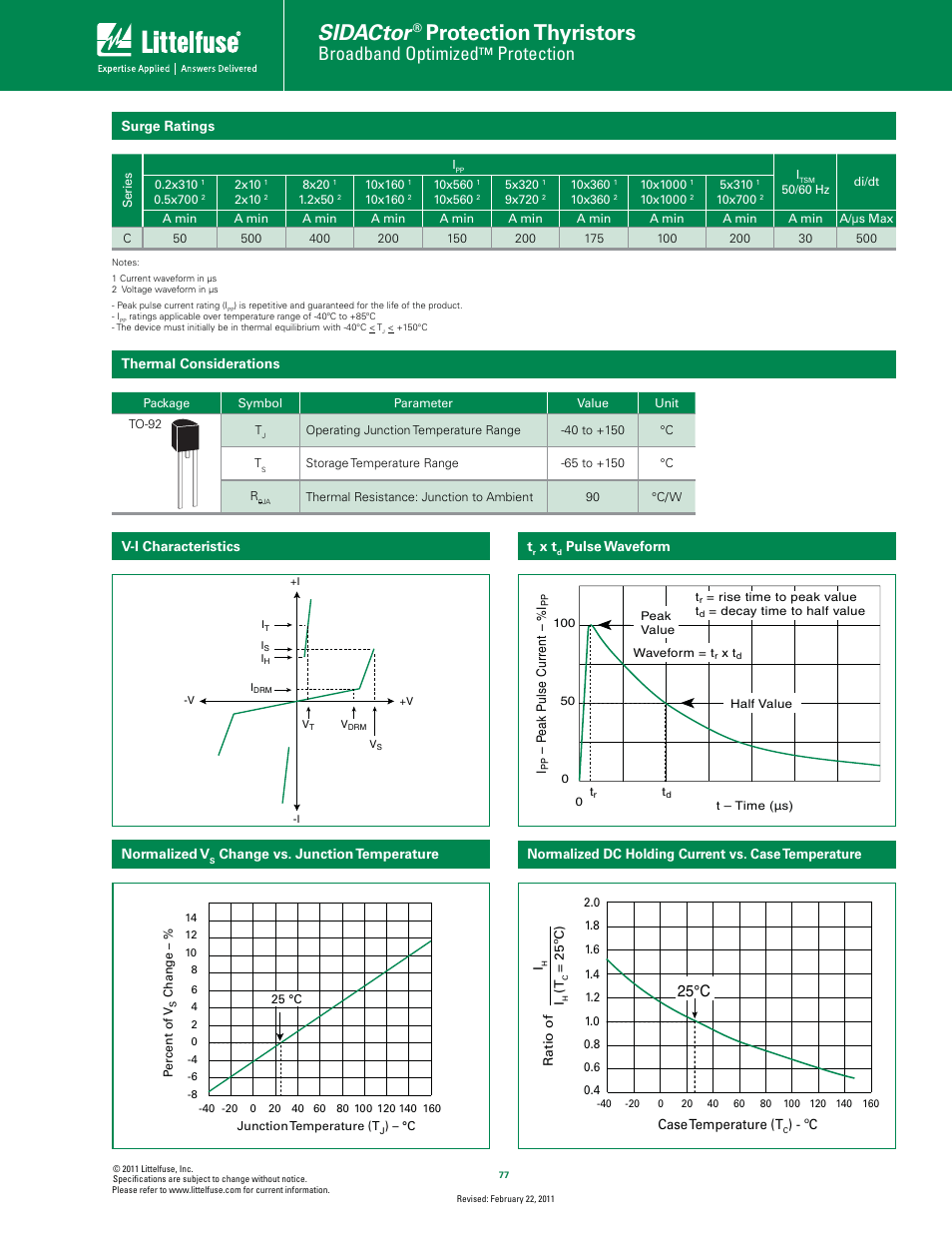 Sidactor, Protection thyristors, Broadband optimized | Protection, 25°c | Littelfuse MC Series TO-92 User Manual | Page 2 / 4