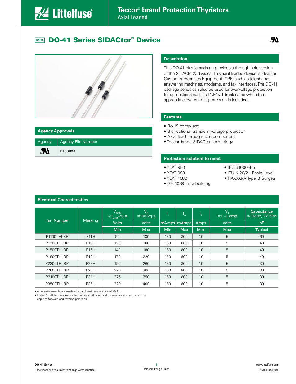 Littelfuse DO-41 Series SIDACtor Device User Manual | 4 pages