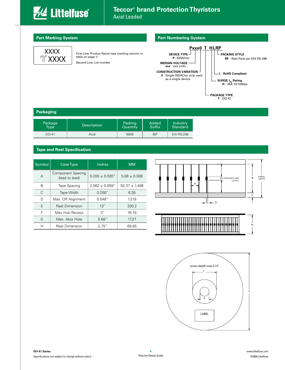 Teccor, Brand protection thyristors, Axial leaded | Littelfuse DO-41 Series SIDACtor Device User Manual | Page 4 / 4