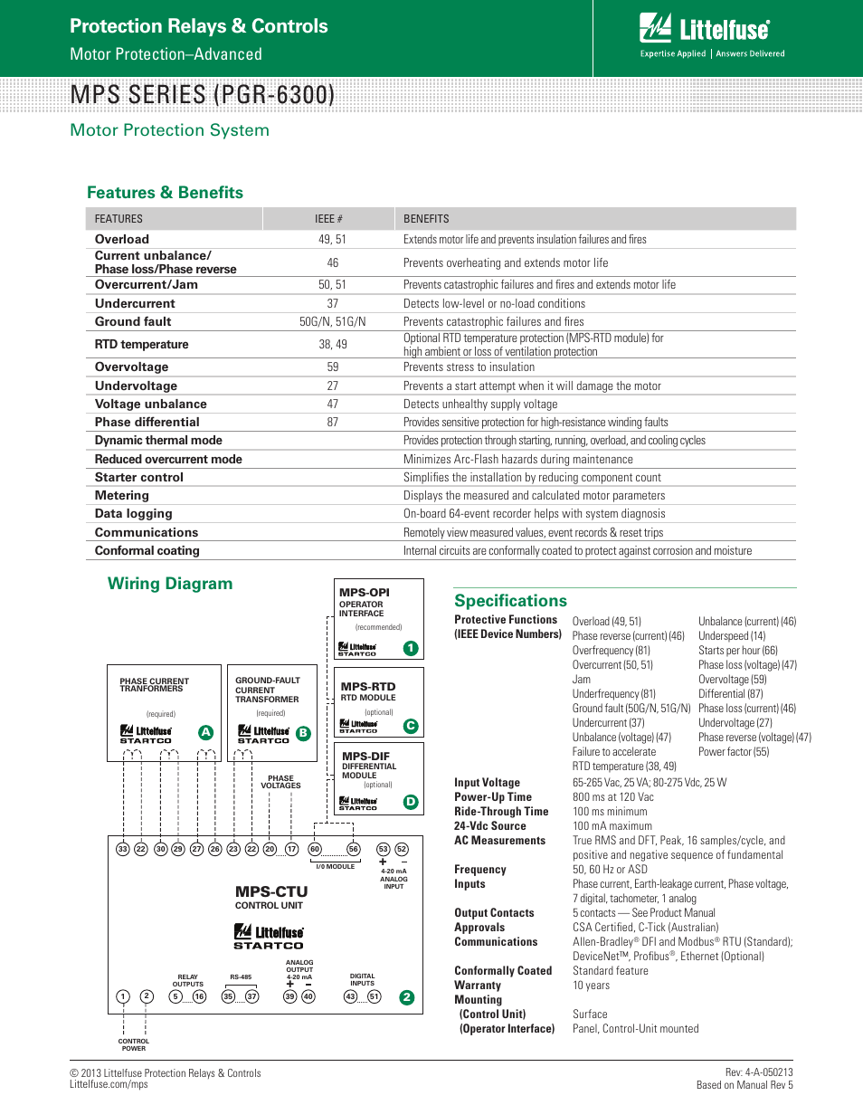 Mps series (pgr-6300), Protection relays & controls, Motor protection–advanced | Wiring diagram, Specifications, Features & benefits, Motor protection system, Mps-ctu | Littelfuse MPS (PGR-6300) Series User Manual | Page 2 / 2