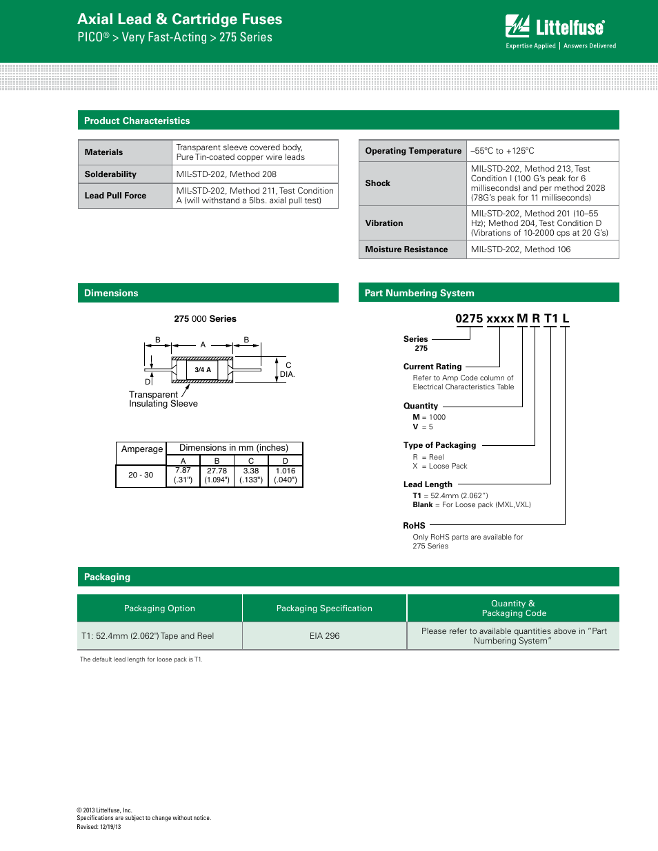 Axial lead & cartridge fuses, Pico, Very fast-acting > 275 series | Littelfuse 275 Series User Manual | Page 3 / 3