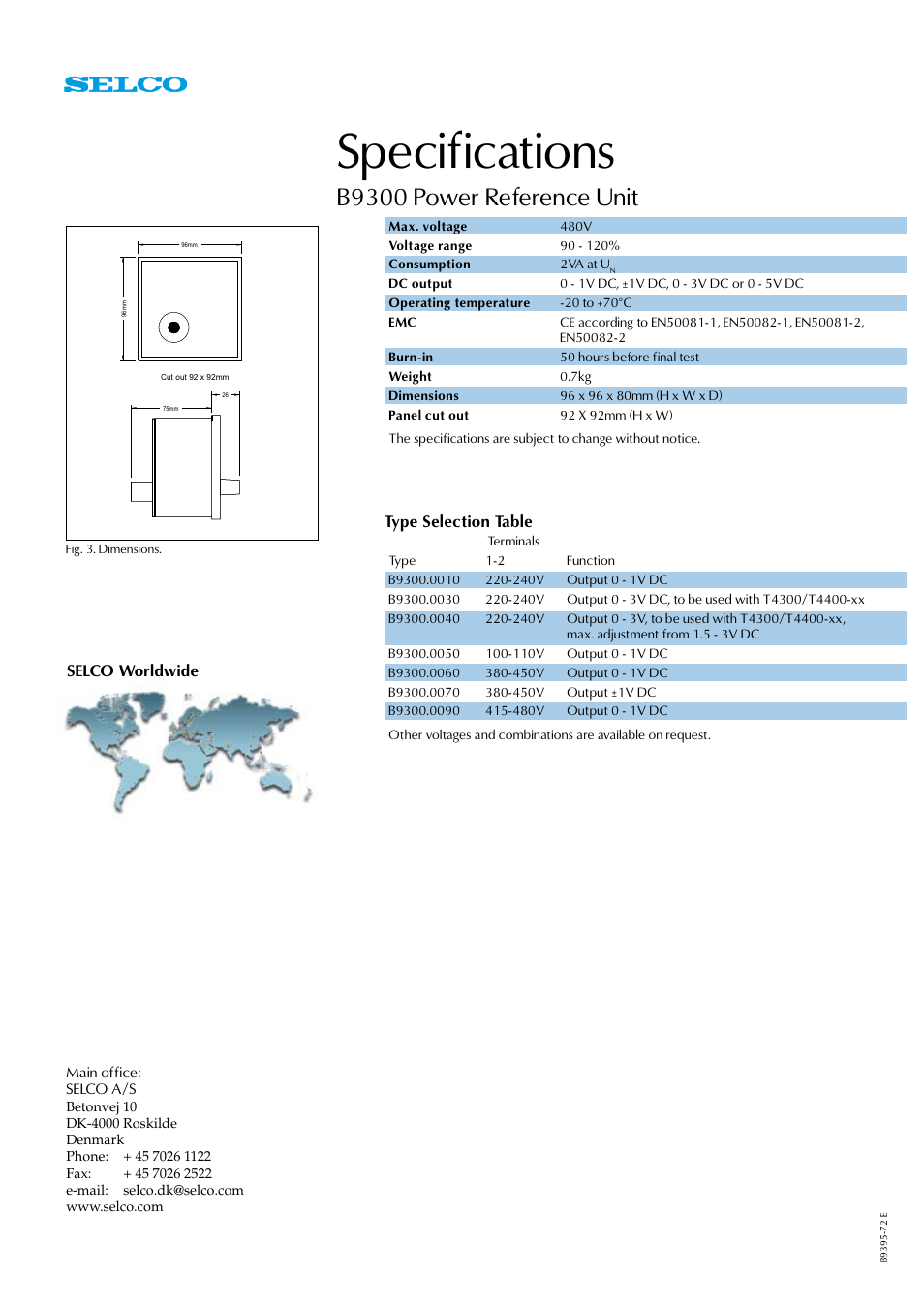 Specifications, B9300 power reference unit, Type selection table | Selco worldwide | Littelfuse Selco B9300 Power Reference Unit User Manual | Page 2 / 2