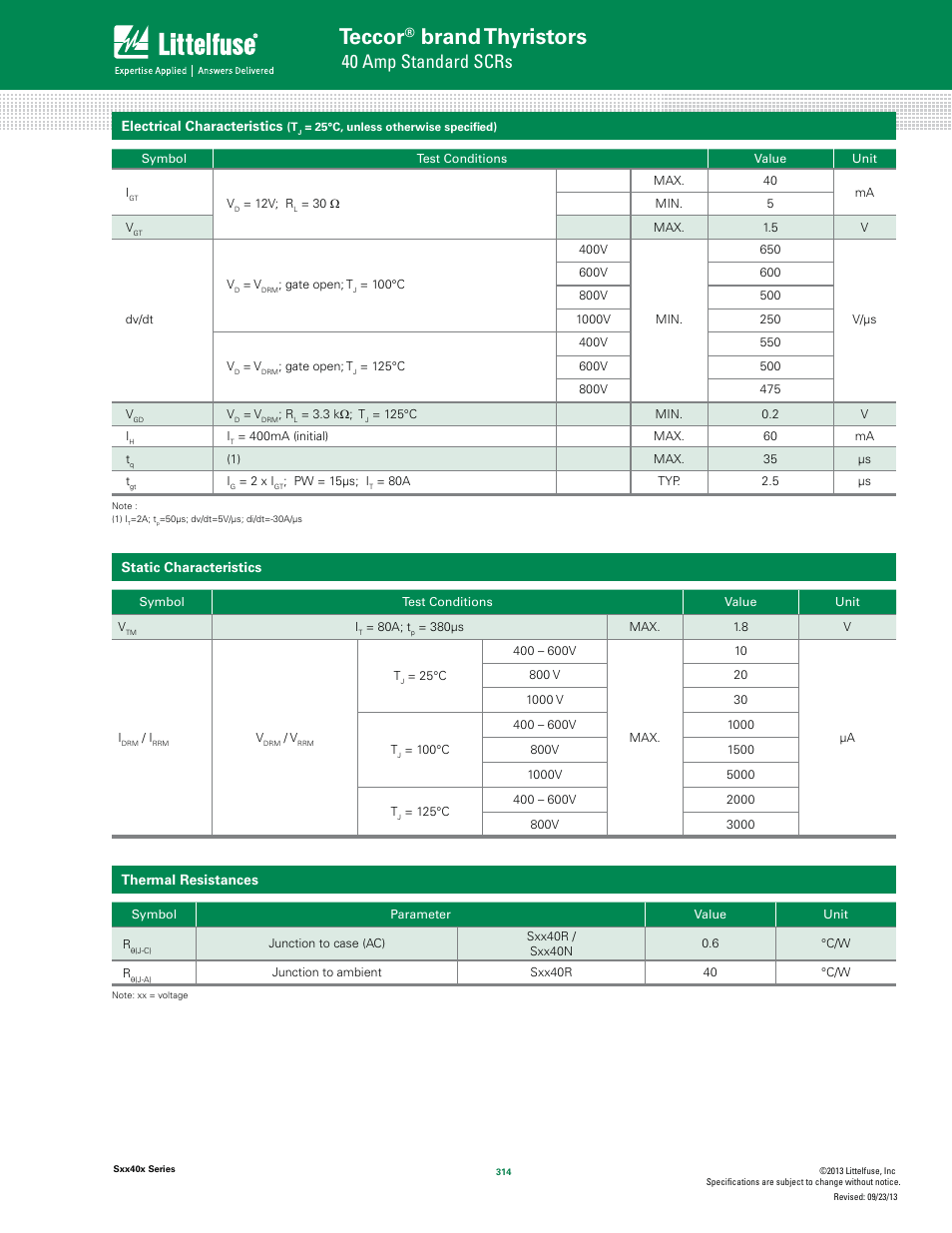 Teccor, Brand thyristors, 40 amp standard scrs | Littelfuse Sxx40x Series User Manual | Page 2 / 8