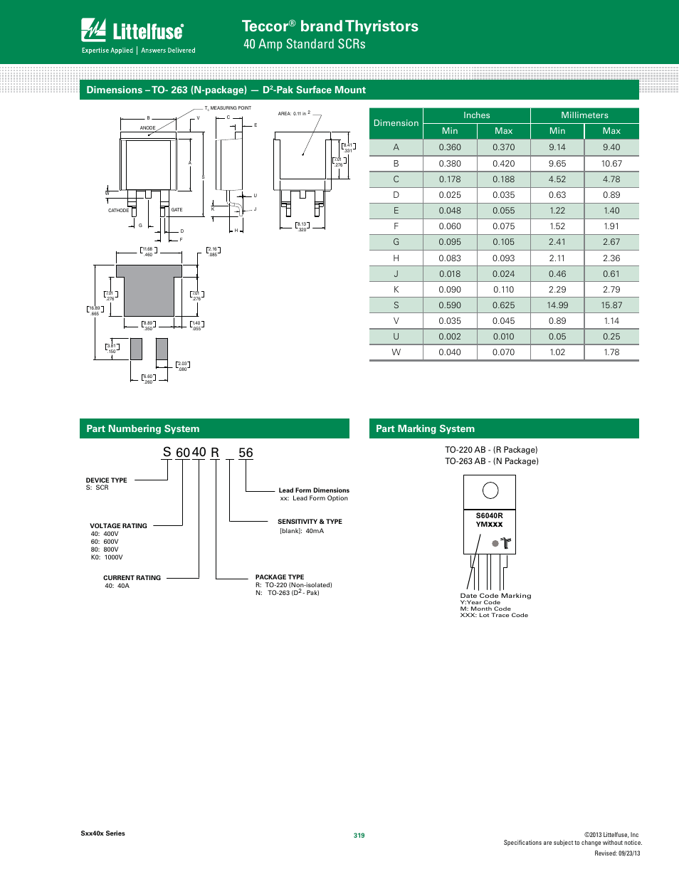 Teccor, Brand thyristors, 40 amp standard scrs | S 60 40 r, Dimensions – to- 263 (n-package) — d, Pak surface mount, Part numbering system part marking system | Littelfuse Sxx40x Series User Manual | Page 7 / 8