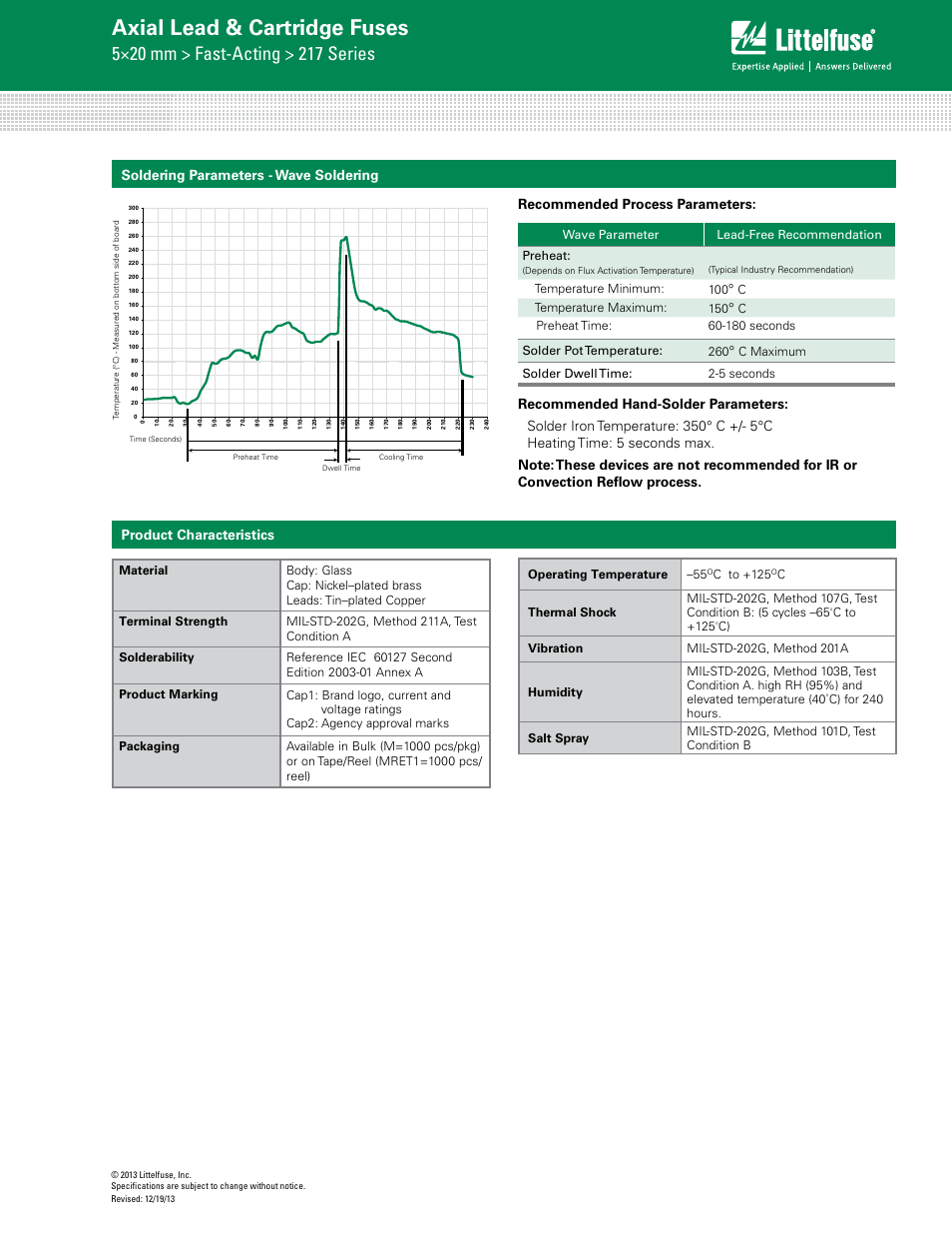 Axial lead & cartridge fuses, Product characteristics, Soldering parameters - wave soldering | Littelfuse 217 Series User Manual | Page 3 / 4