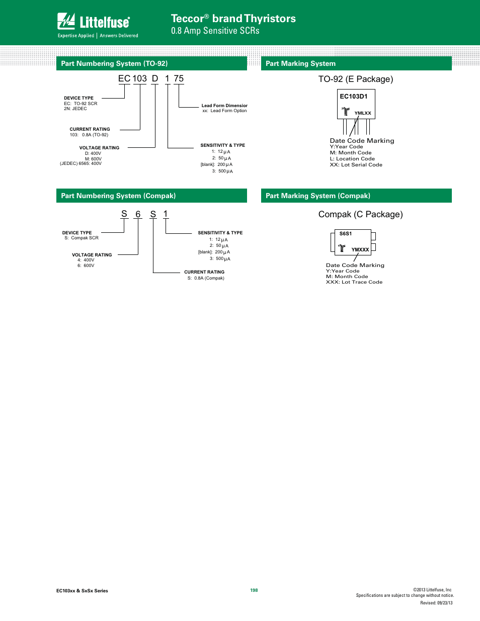 Teccor, Brand thyristors, 8 amp sensitive scrs | To-92 (e package), Ec 103 d, Compak (c package), S6 s | Littelfuse SxSx Series User Manual | Page 10 / 10