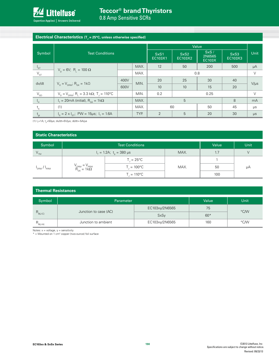 Teccor, Brand thyristors, 8 amp sensitive scrs | Littelfuse SxSx Series User Manual | Page 2 / 10