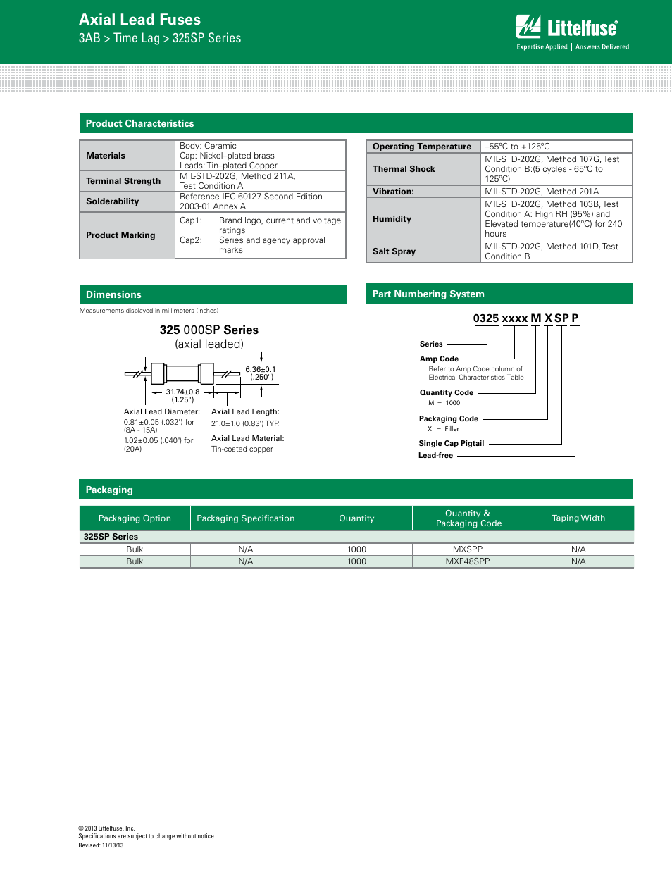 Axial lead fuses, 3ab > time lag > 325sp series | Littelfuse 325SP Series User Manual | Page 3 / 3