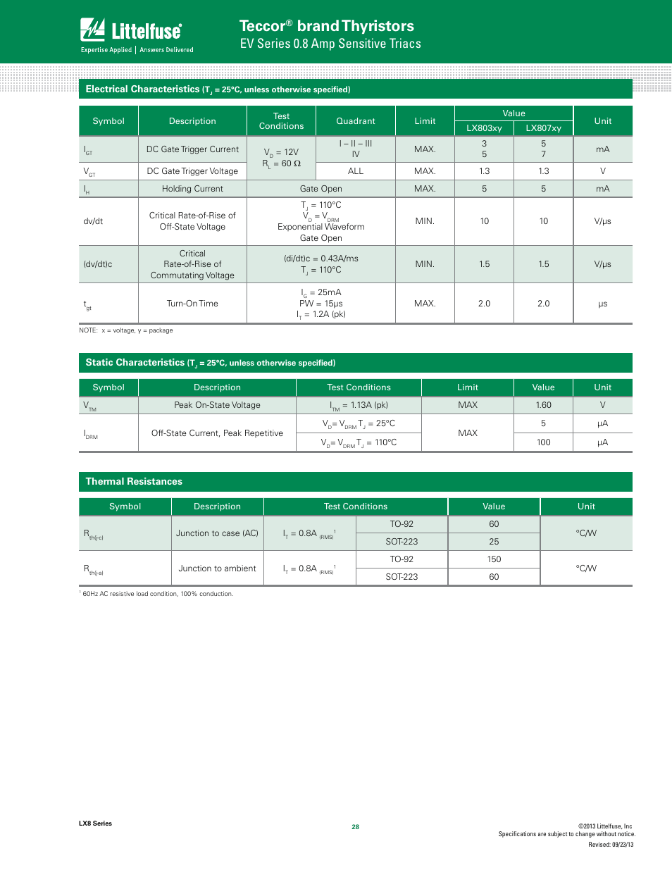 Teccor, Brand thyristors, Ev series 0.8 amp sensitive triacs | Littelfuse LX8 Series User Manual | Page 2 / 8