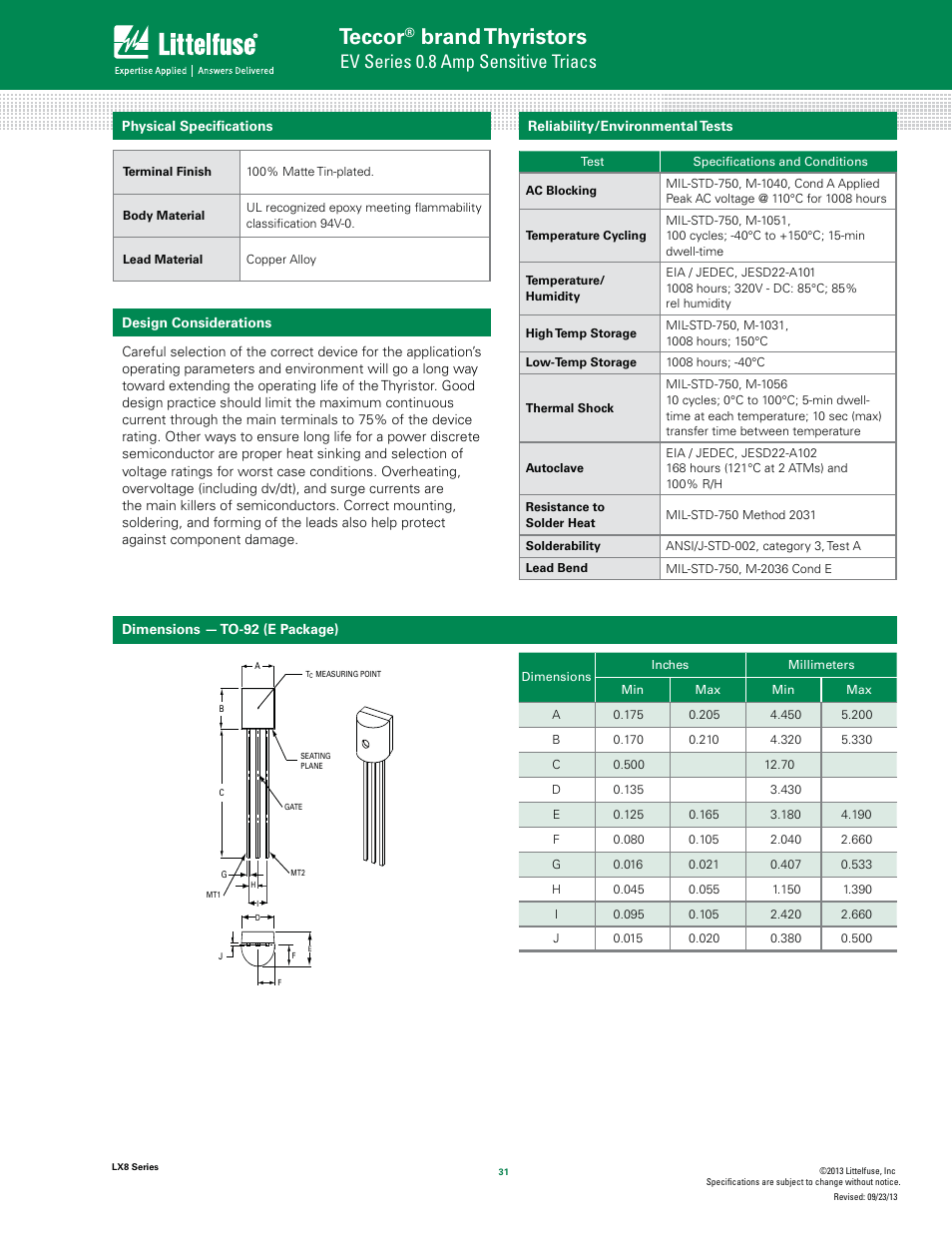 Teccor, Brand thyristors, Ev series 0.8 amp sensitive triacs | Littelfuse LX8 Series User Manual | Page 5 / 8