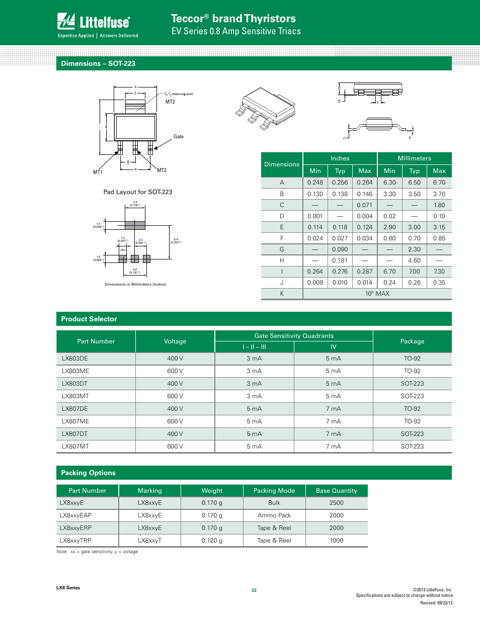 Teccor, Brand thyristors, Ev series 0.8 amp sensitive triacs | Littelfuse LX8 Series User Manual | Page 6 / 8